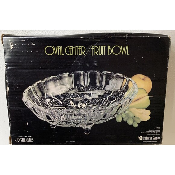 Indiana Glass Crystal Footed Fruit Bowl 8"x12" Oval Scalloped Original Box - Picture 1 of 7